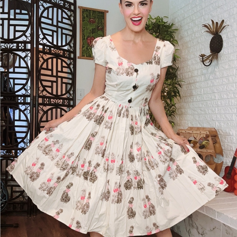 Bernie Dexter plus size Cream and Pink Poodle print Midi Dress 1XL